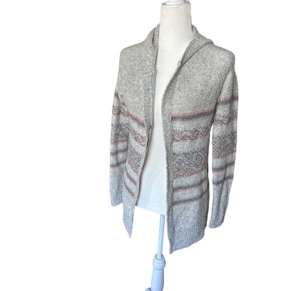 Abercrombie Kids Hooded Open Front Knit Cardigan Sweater Gray Stripe 13/14 - Picture 6 of 10